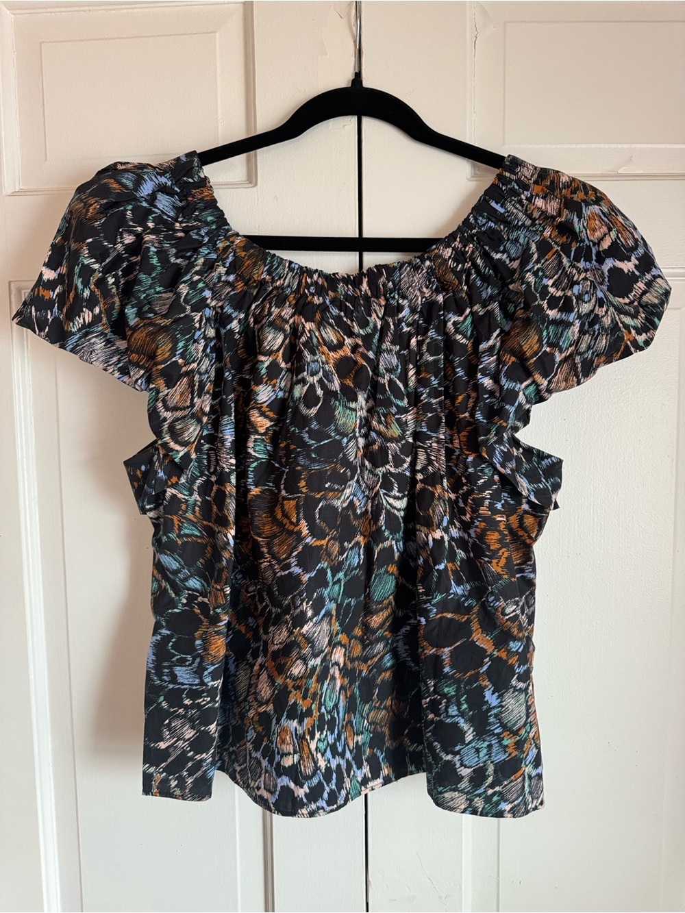 NWOT Ulla Johnson Cora Women’s Off-Shoulder Feather Print Top in Black w/Colors